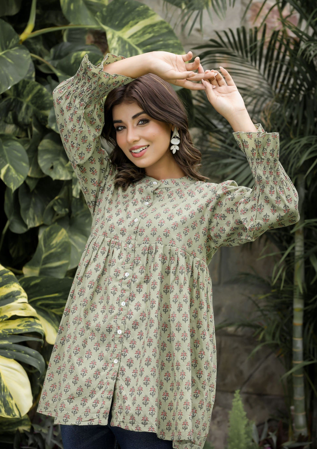 Green Floral Printed Cotton Tunic