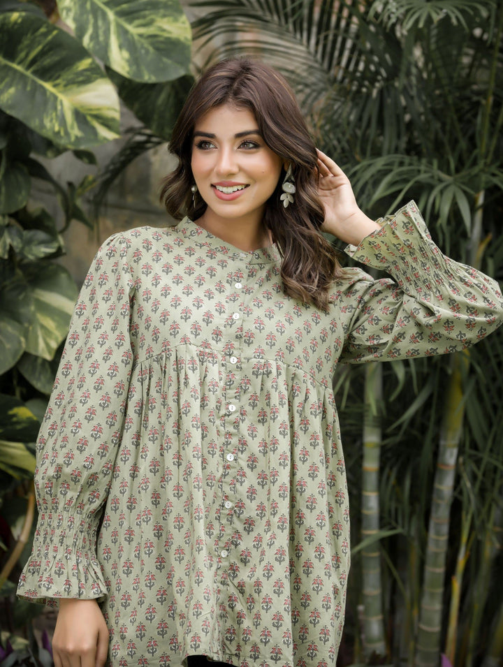 Green Floral Printed Cotton Tunic