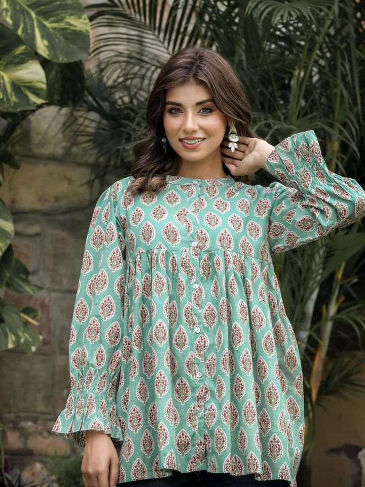 Turquoise Floral Printed Cotton Tunic