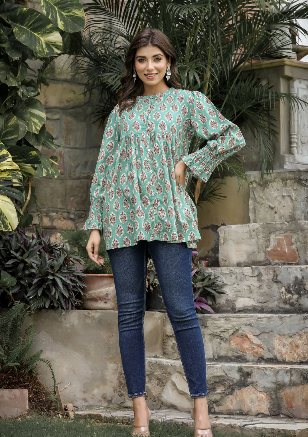 Turquoise Floral Printed Cotton Tunic