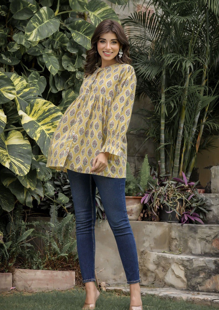 Yellow Floral Printed Cotton Tunic