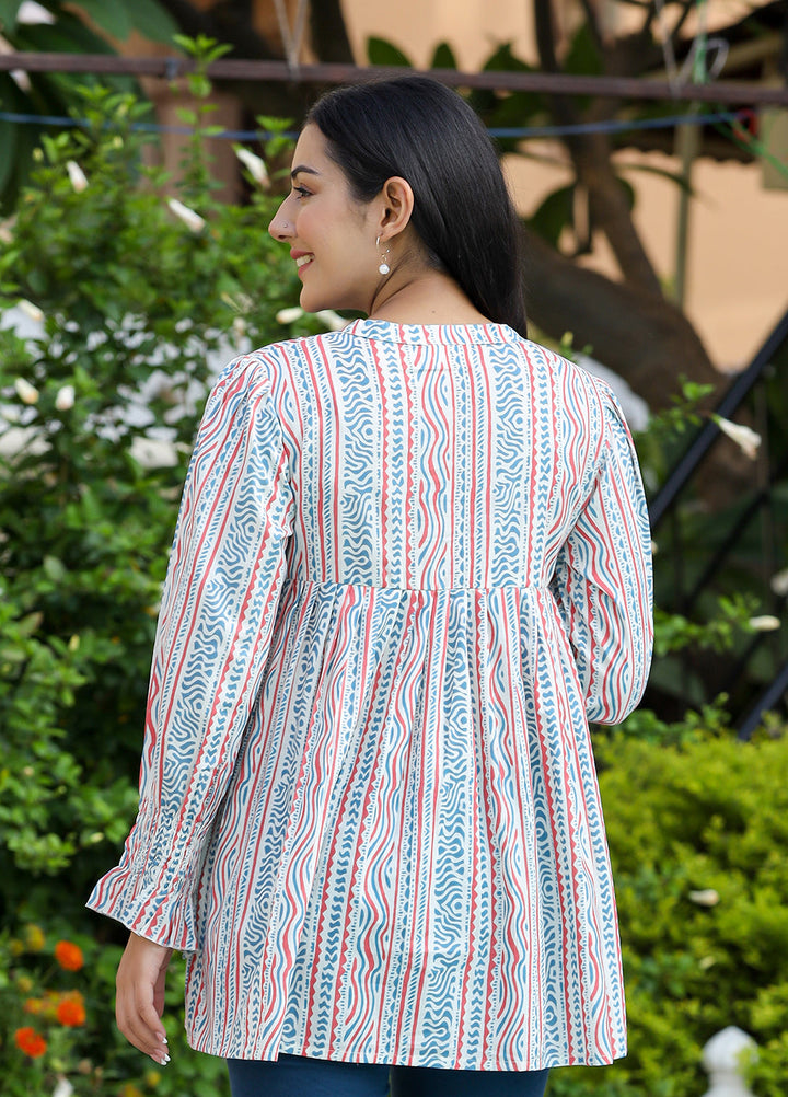 White Blue Printed Cotton Top