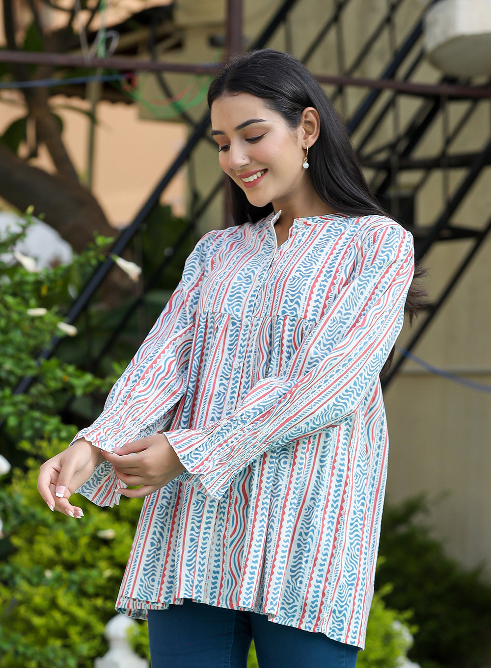 White Blue Printed Cotton Top