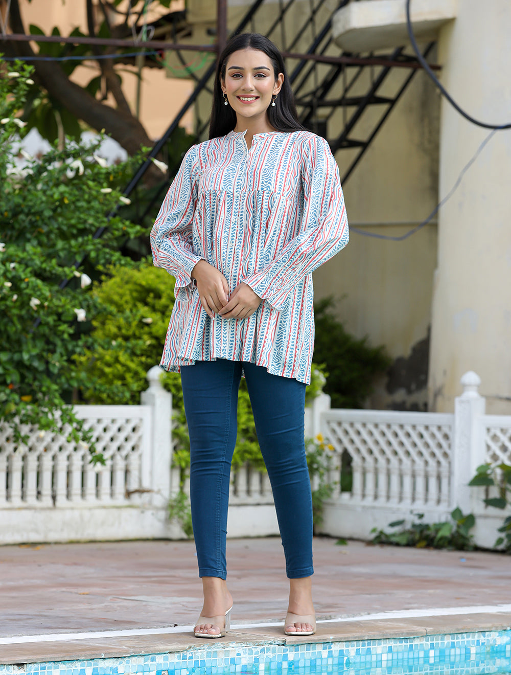 White Blue Printed Cotton Top