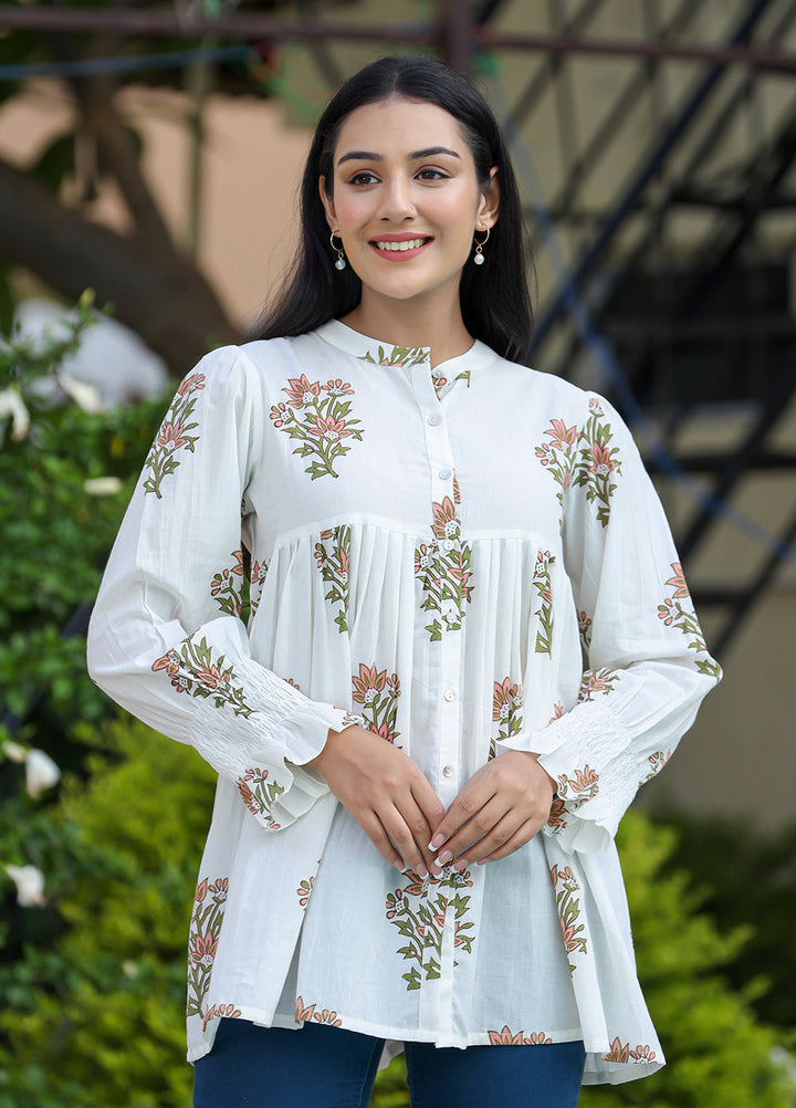 White Floral Printed Cotton Top