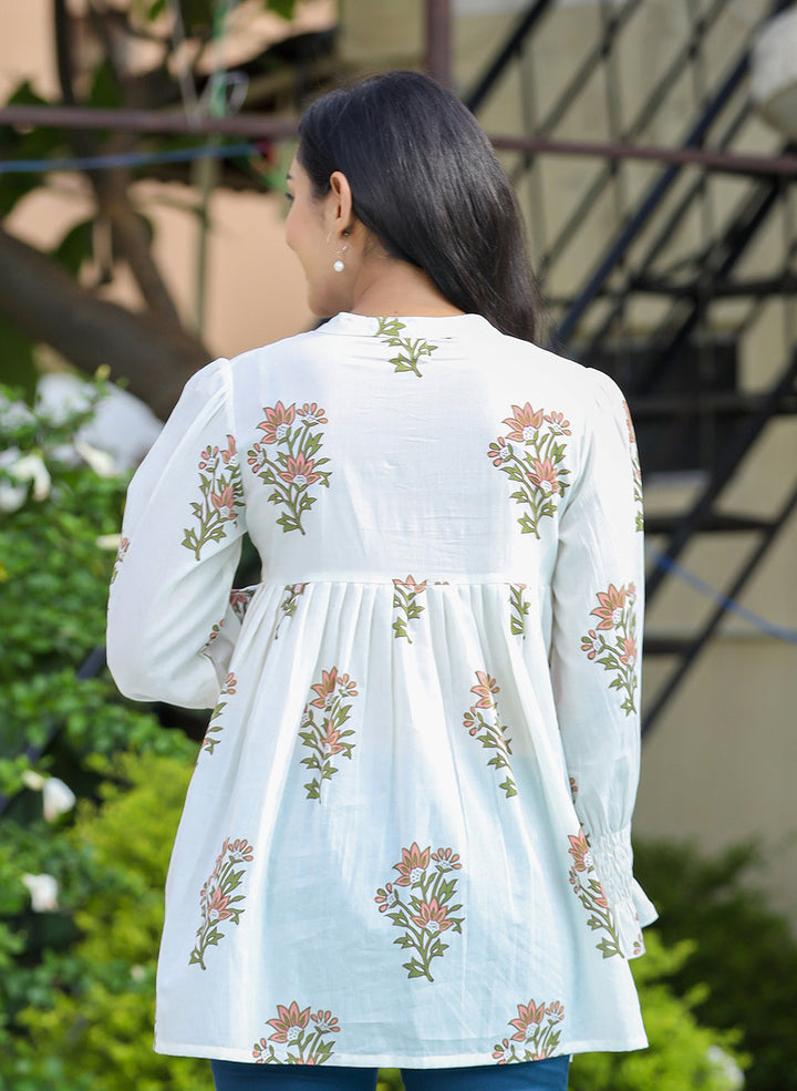 White Floral Printed Cotton Top