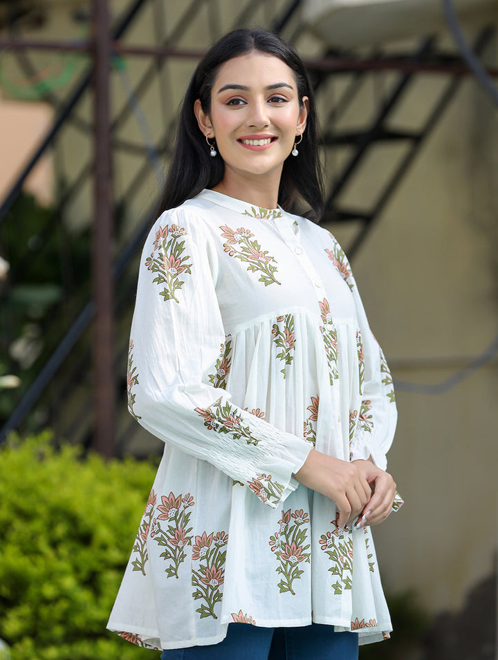 White Floral Printed Cotton Top