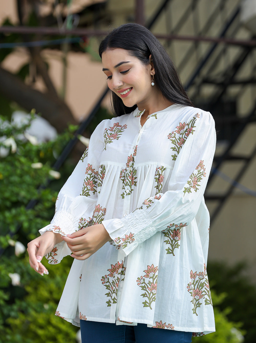 White Floral Printed Cotton Top