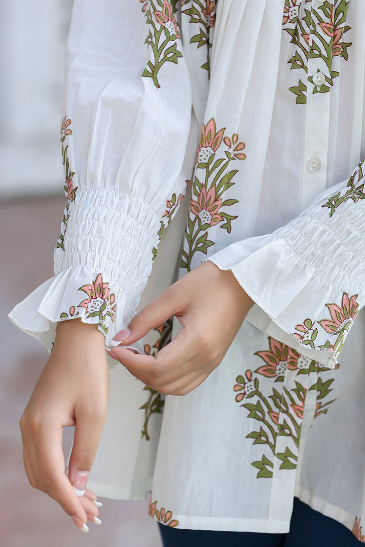 White Floral Printed Cotton Top