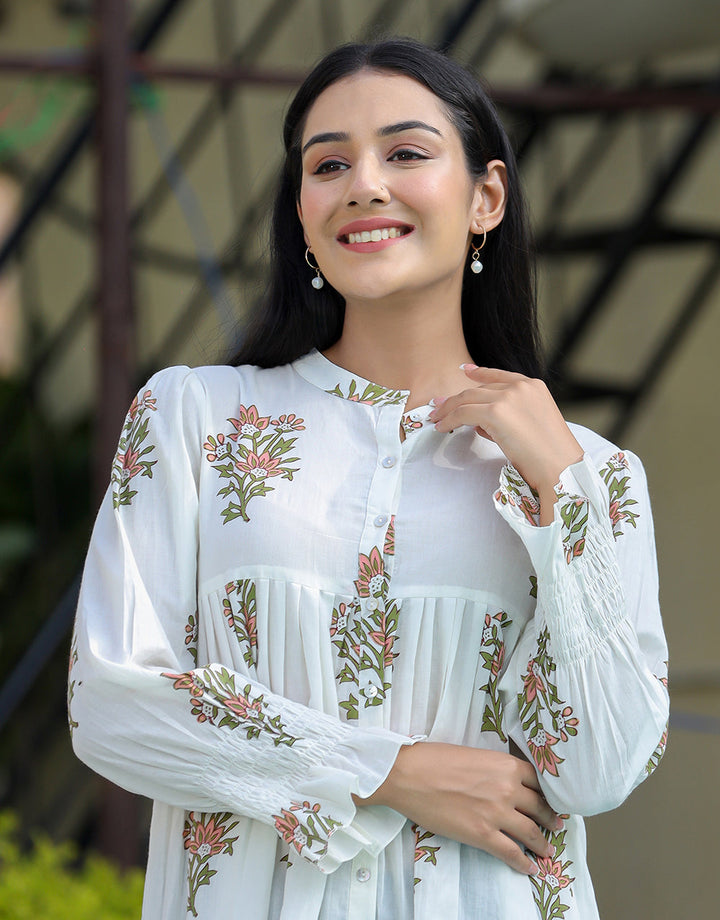 White Floral Printed Cotton Top