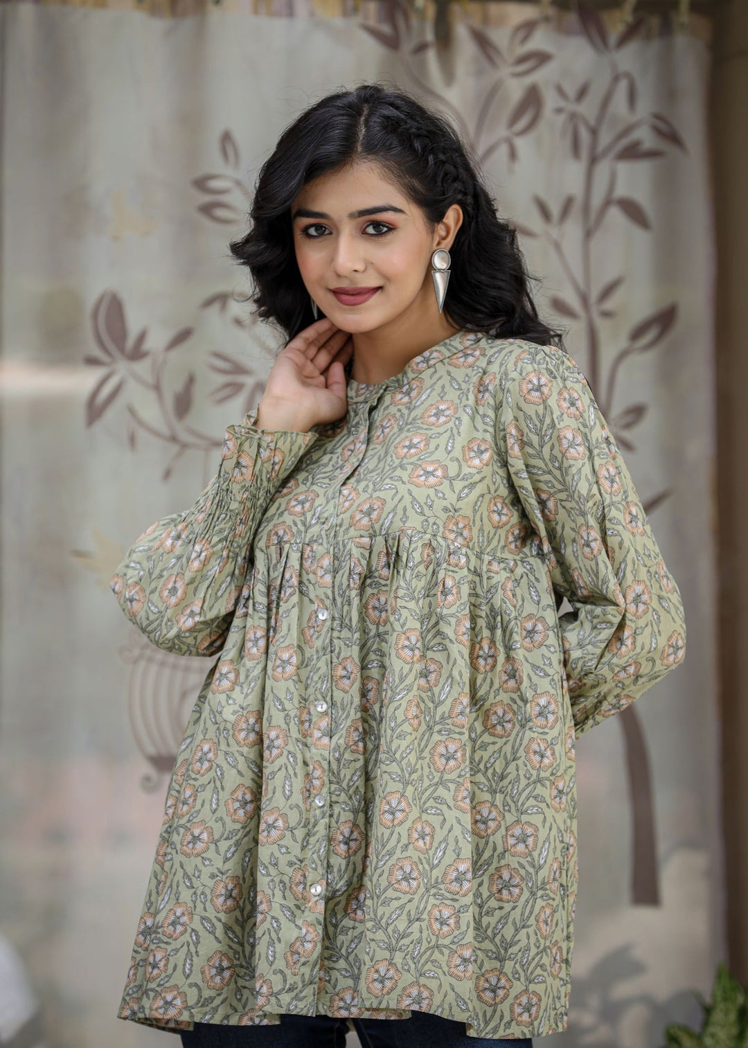 Green Floral Print Cotton Top (Set of 1)