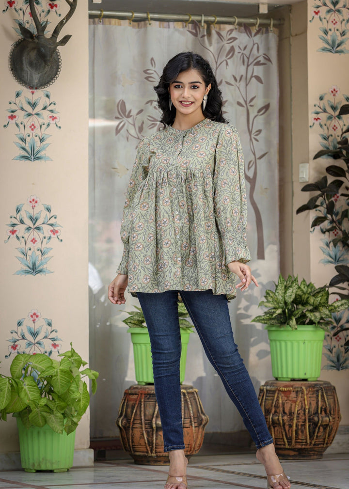 Green Floral Print Cotton Top (Set of 1)