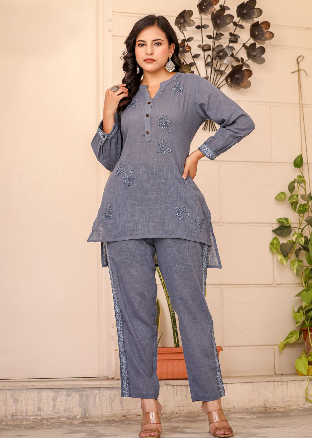 Light Blue Thread Embroidered Cotton Co-rd Set (Set of 2)