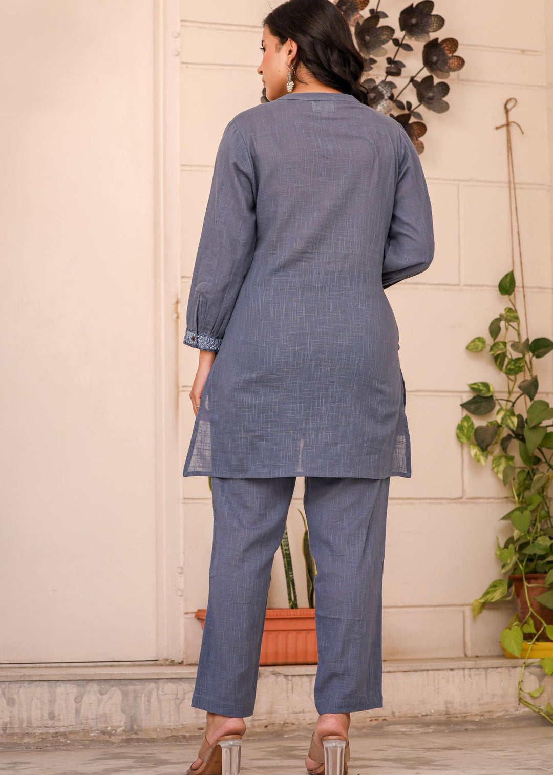 Light Blue Thread Embroidered Cotton Co-rd Set (Set of 2)