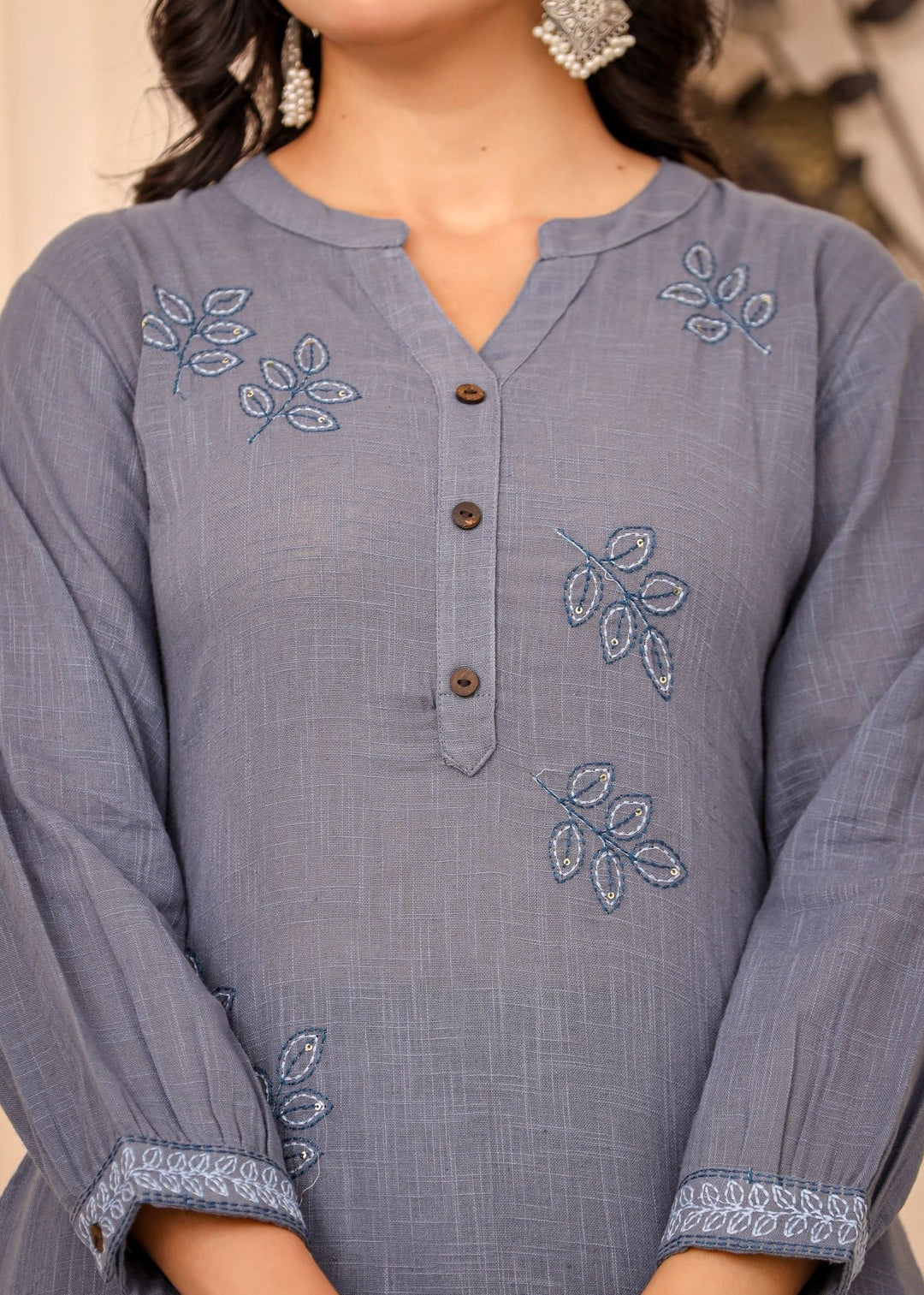 Light Blue Thread Embroidered Cotton Co-rd Set (Set of 2)