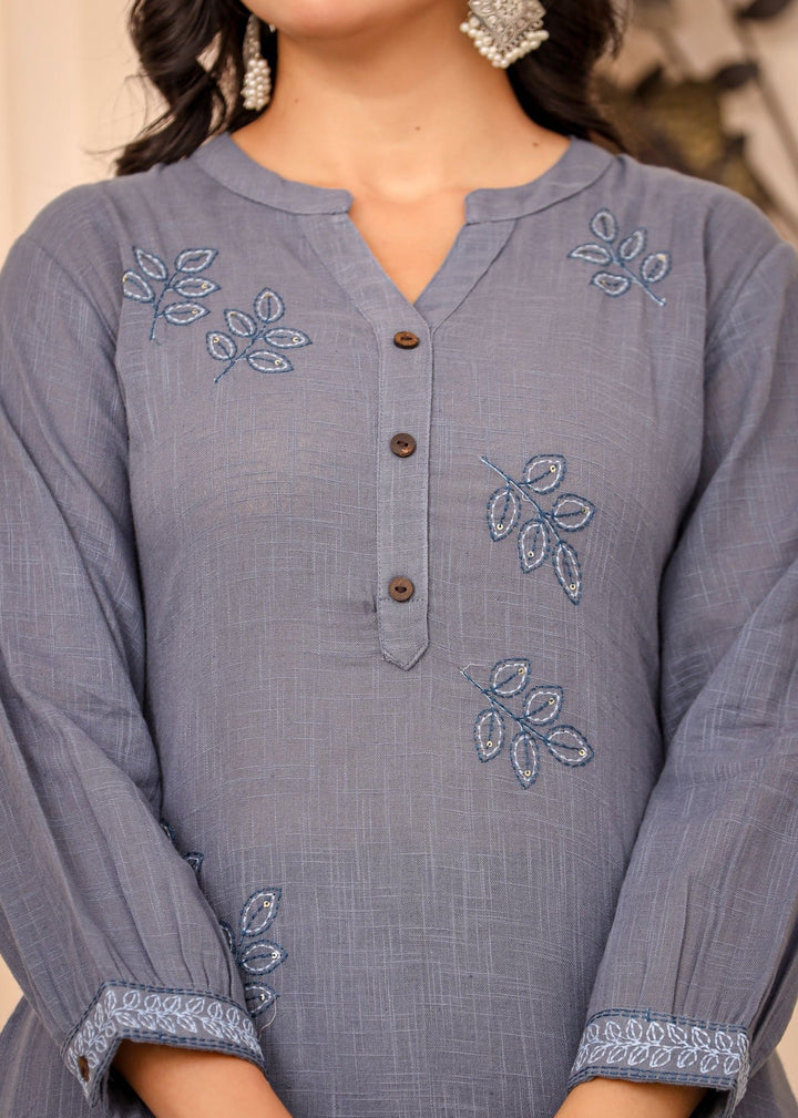 Light Blue Thread Embroidered Cotton Co-rd Set (Set of 2)