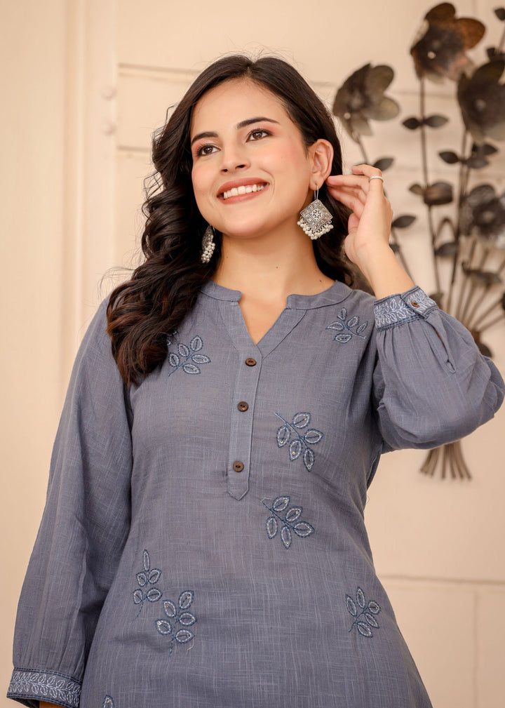 Light Blue Thread Embroidered Cotton Co-rd Set (Set of 2)