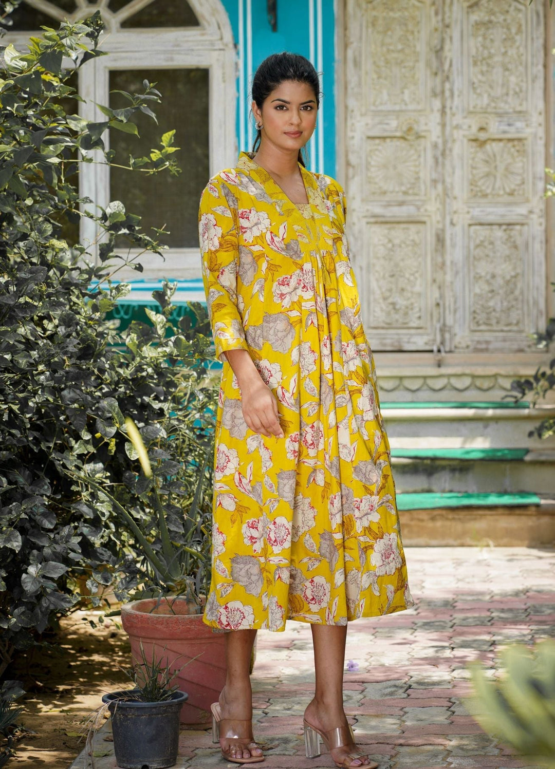 Yellow Floral Printed Cotton Dress (Set Of 1)