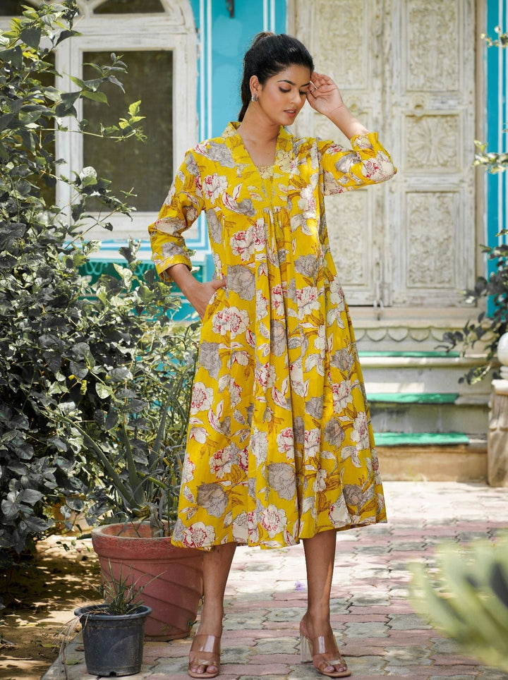Yellow Floral Printed Cotton Dress (Set Of 1)