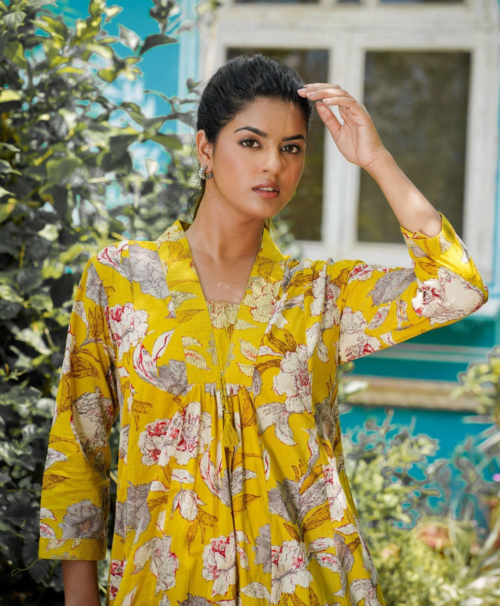 Yellow Floral Printed Cotton Dress (Set Of 1)