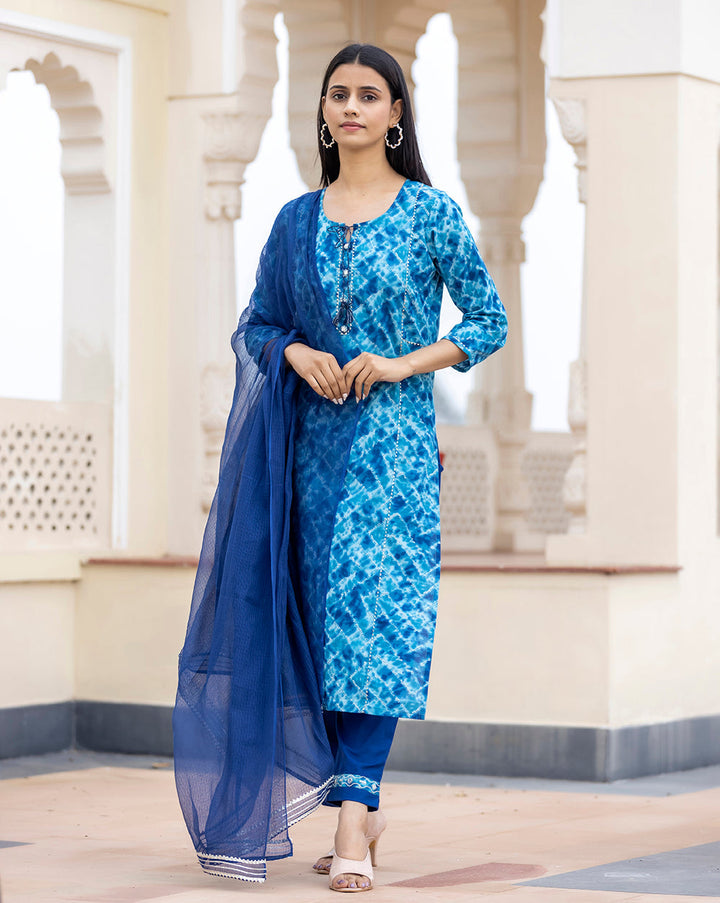 Women's Blue Tie Dye Cotton Kurta Pant Set With Dupatta