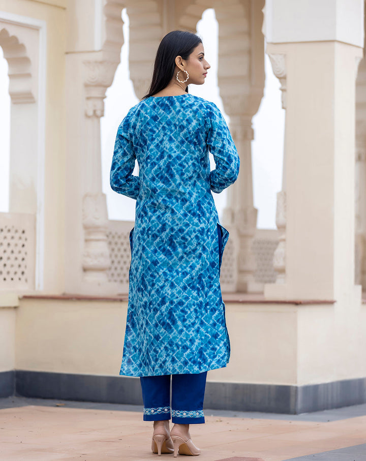 Women's Blue Tie Dye Cotton Kurta Pant Set With Dupatta