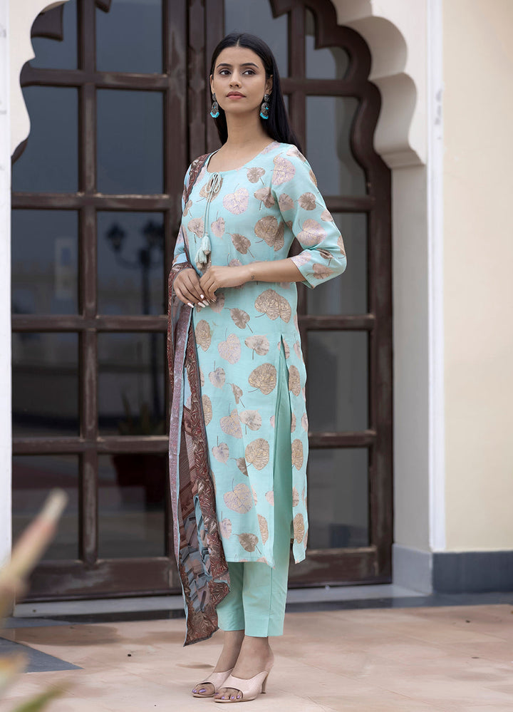 Women's Green Modal Silk Printed Kurta Pant Set With Dupatta