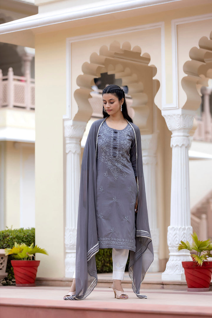 Women's Grey Lucknow Chikankari Kurta Pant Set With Dupatta