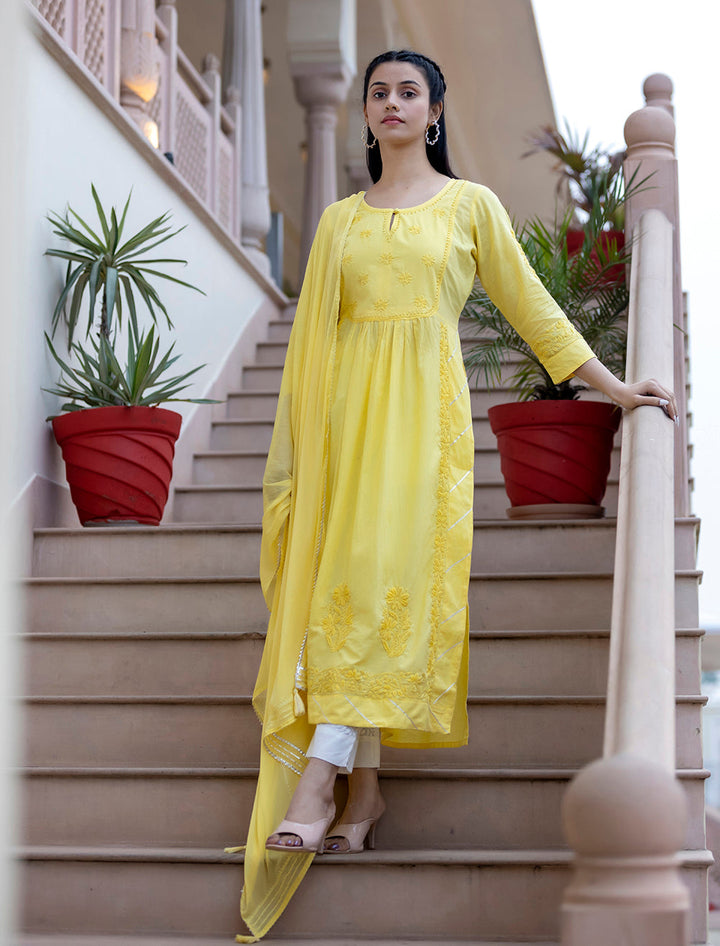 Yellow Chikankari Cotton Kurta Pant Set With Dupatta (Set Of 3)