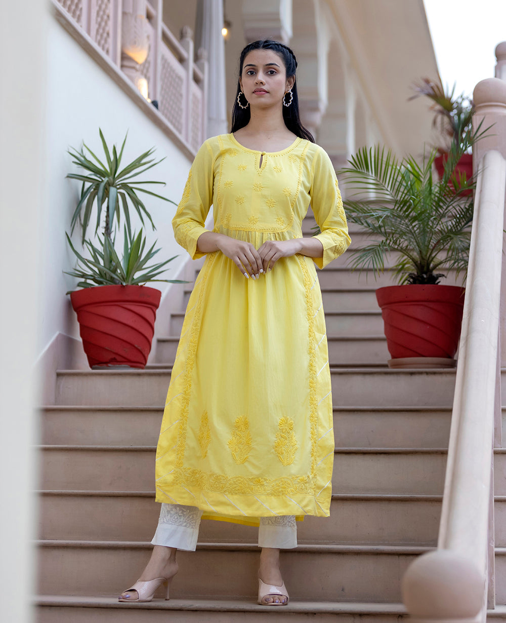 Yellow Chikankari Cotton Kurta Pant Set With Dupatta (Set Of 3)