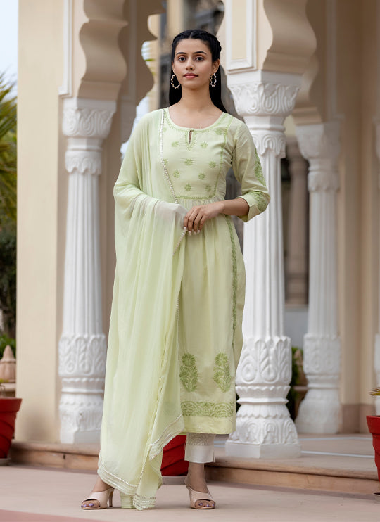 Women's Pista Green Side Slit Lucknow Chikankari Kurta Pant Set With Dupatta