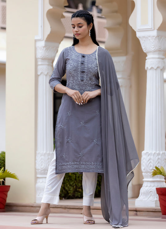 Women's Grey Lucknow Chikankari Kurta Pant Set With Dupatta