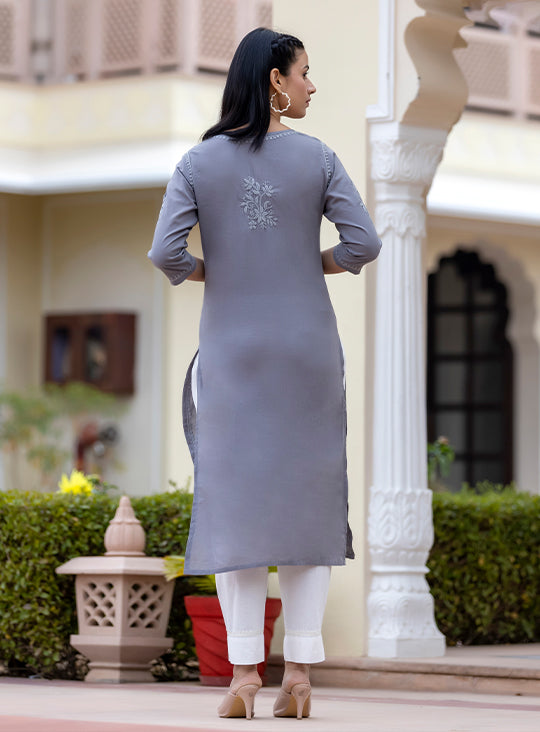 Women's Grey Lucknow Chikankari Kurta Pant Set With Dupatta