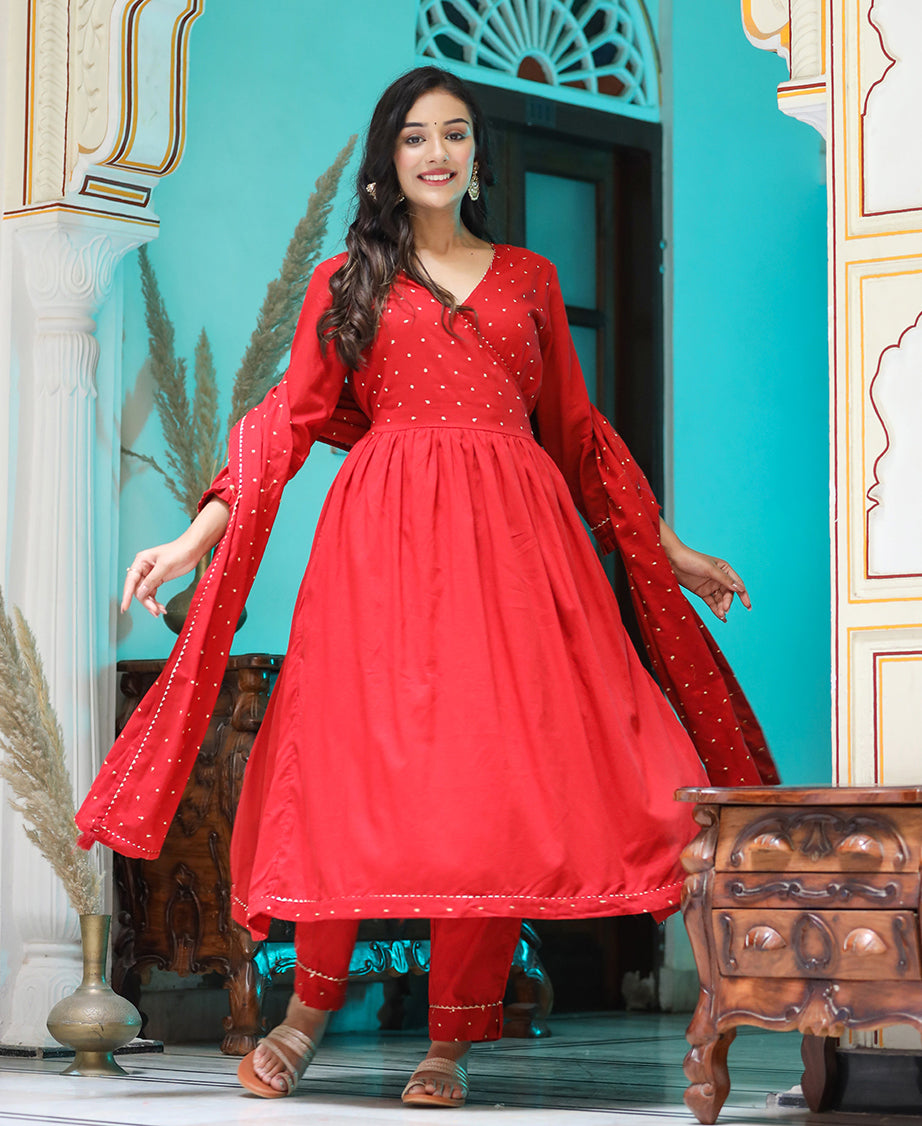 Red Embroidered Angrakha Kurta Set With Trouser and Dupatta