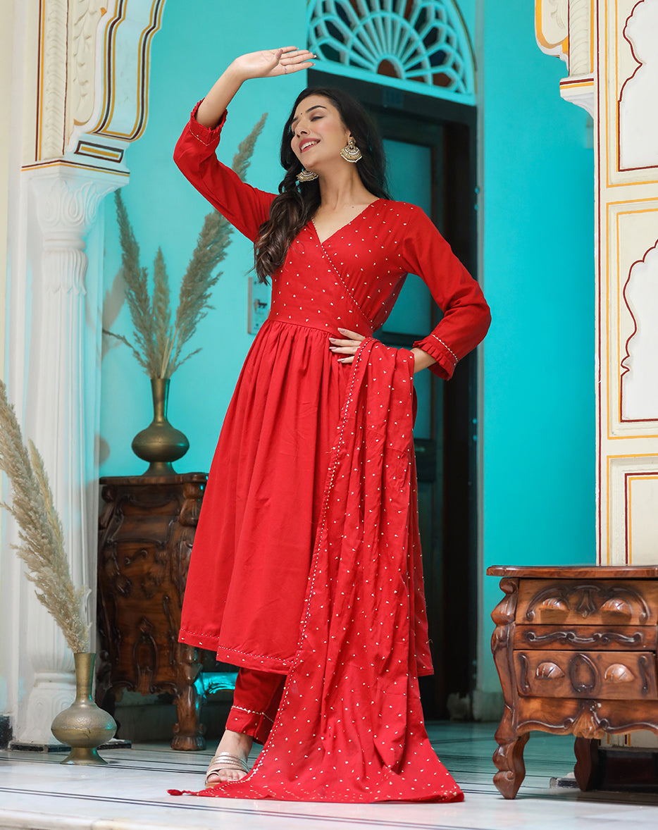 Red Embroidered Angrakha Kurta Set With Trouser and Dupatta