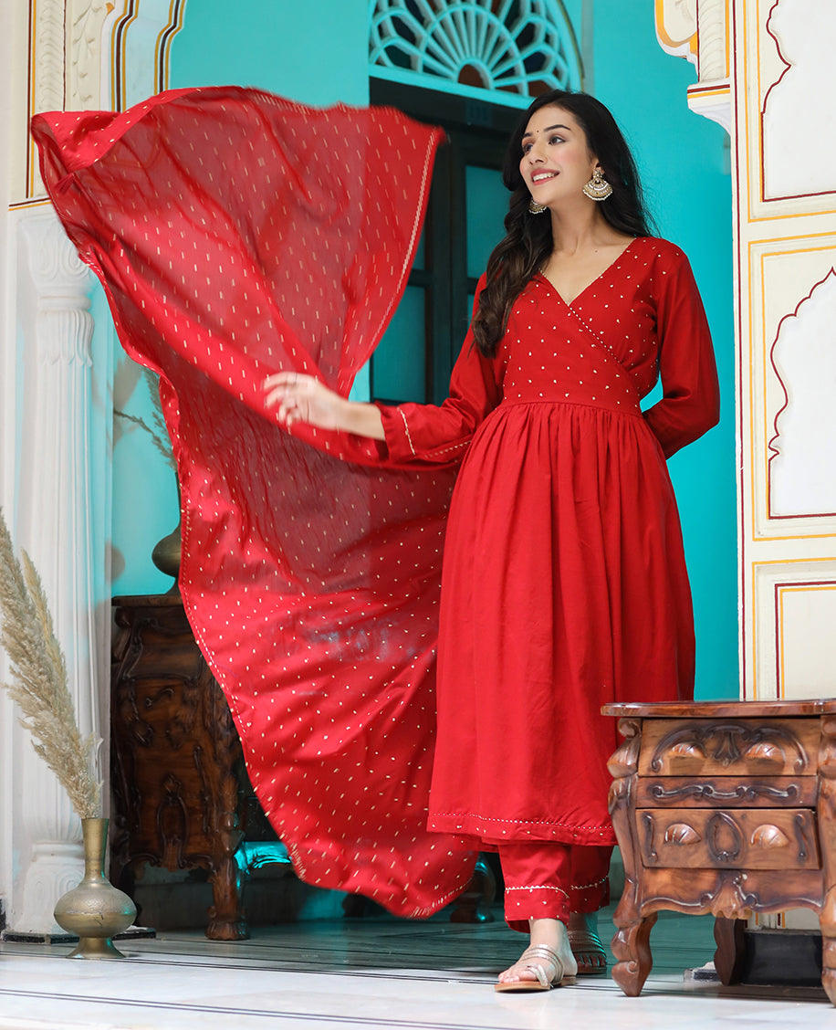 Red Embroidered Angrakha Kurta Set With Trouser and Dupatta