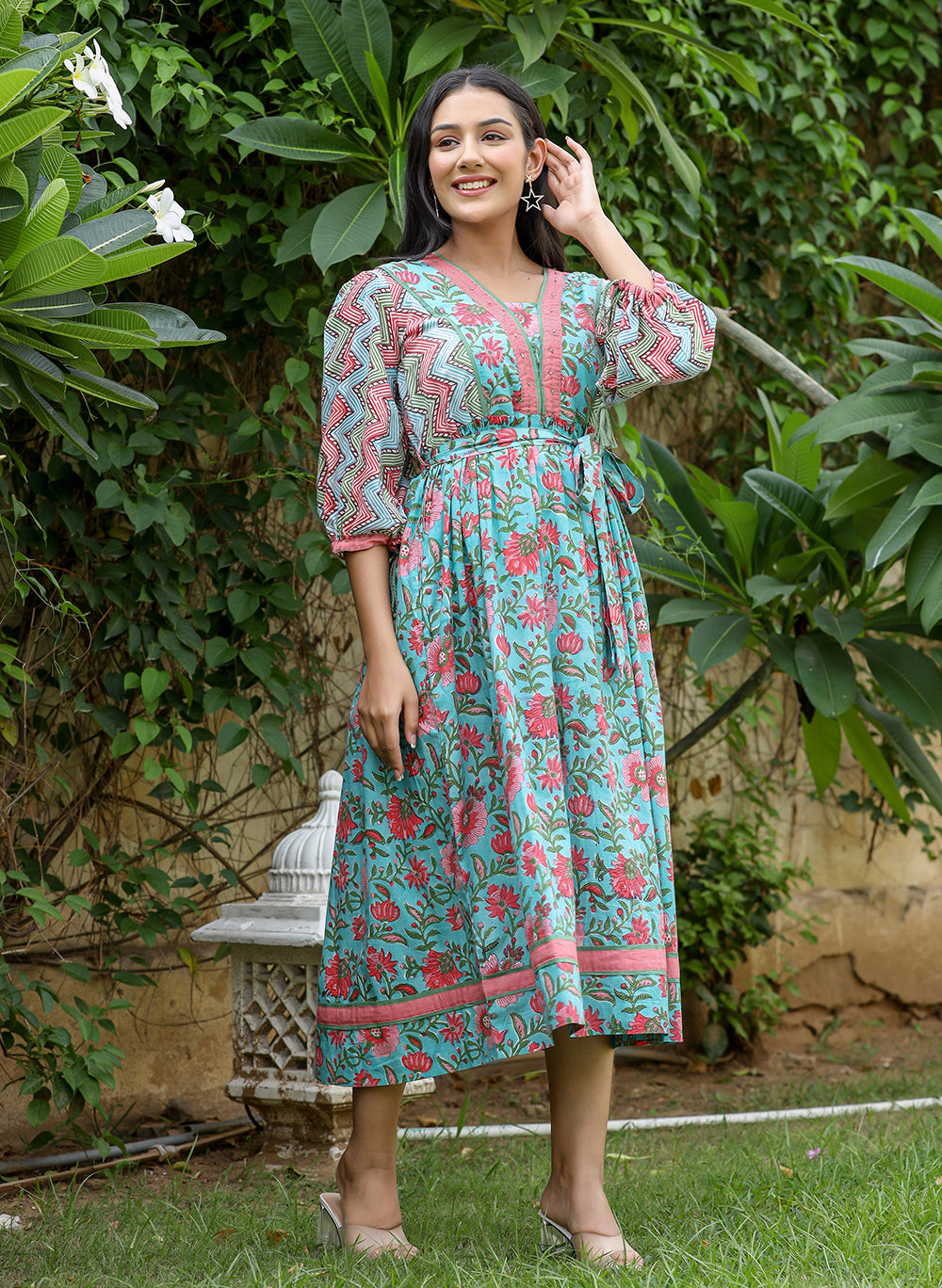 Green Hand-Block Cotton Printed Dress For Women