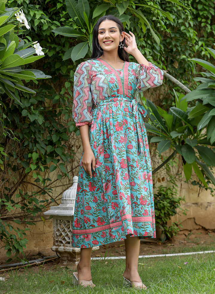 Green Hand-Block Cotton Printed Dress For Women