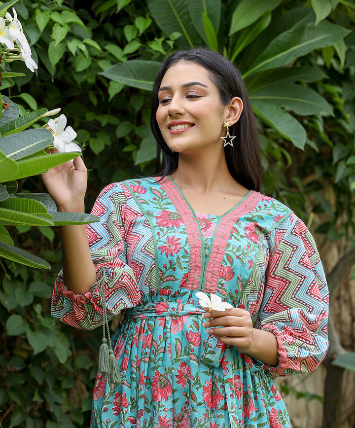 Green Hand-Block Printed Dress
