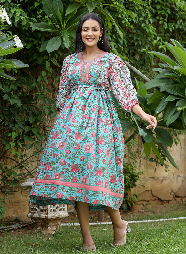 Green Hand-Block Printed Dress