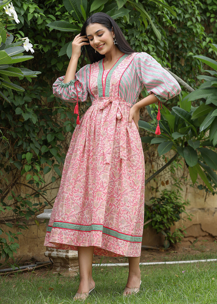 Pink Cotton Handblock Dress For Women