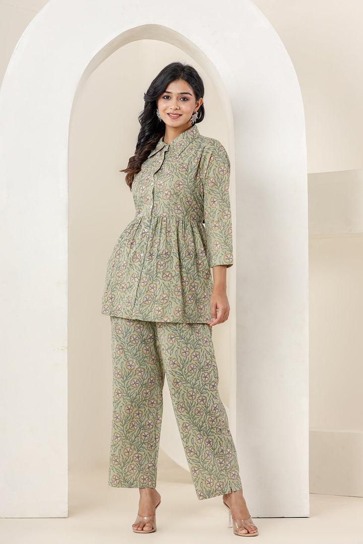 Green Printed Cotton Co-rd Set (Set of 2)