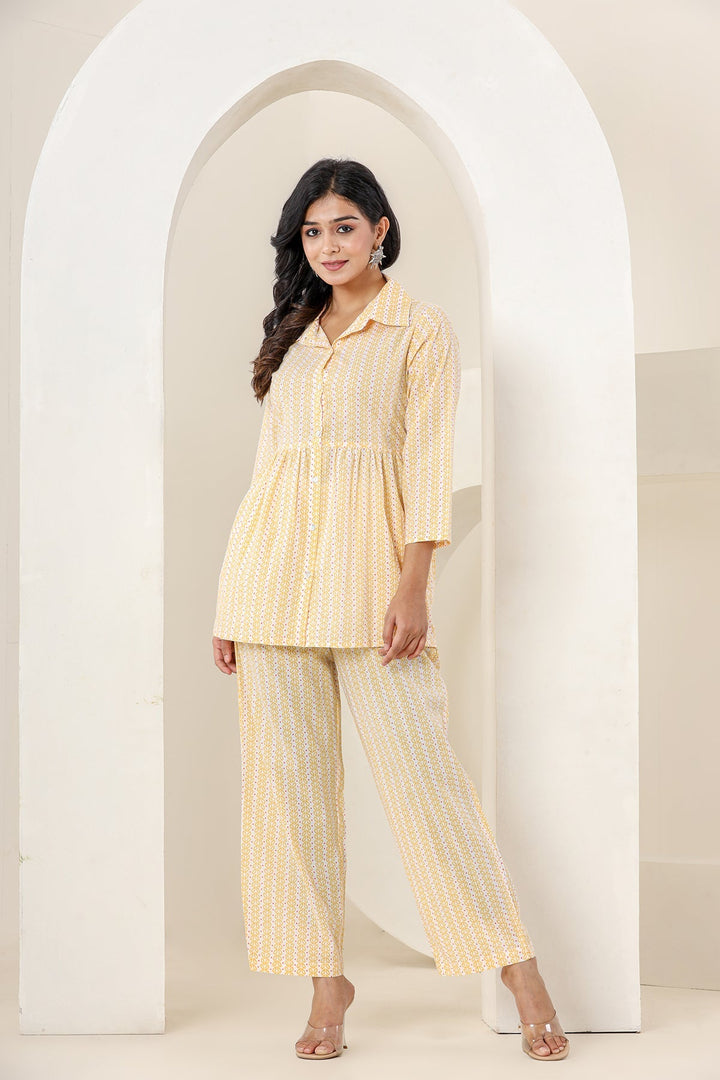 Yellow Printed Cotton Co-rd Set (Set of 2)