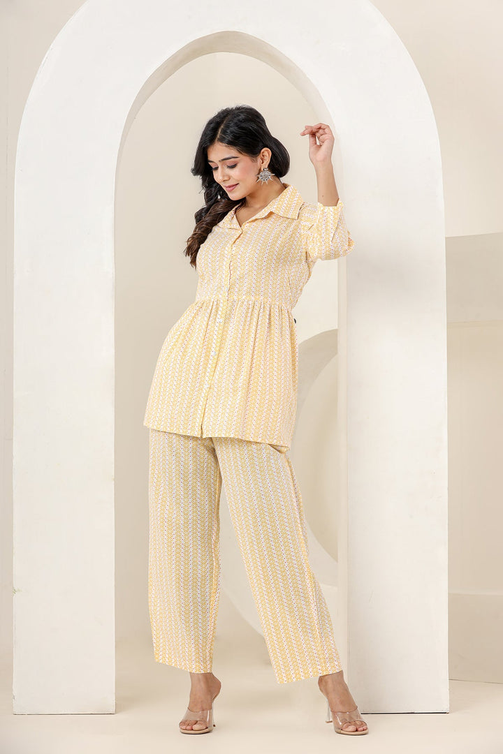 Yellow Printed Cotton Co-rd Set (Set of 2)